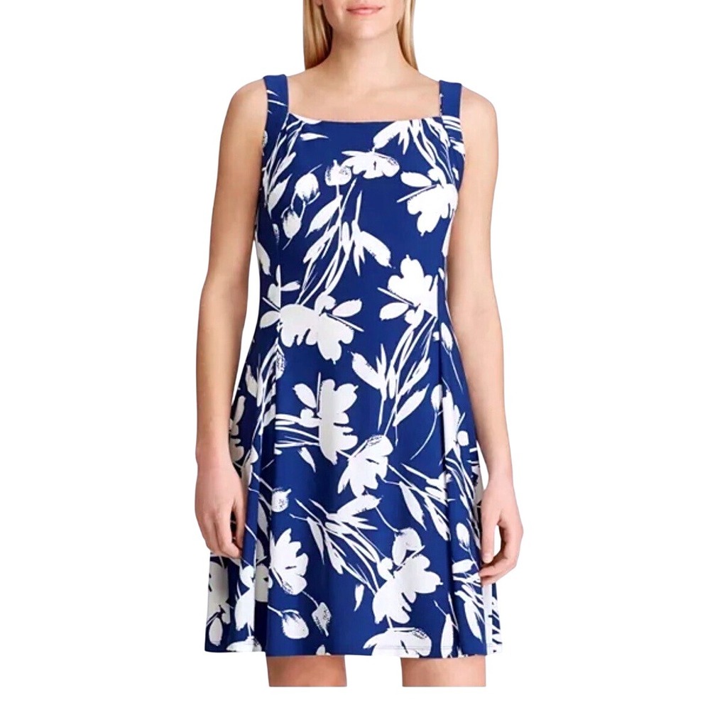 Chaps‎ Floral Print Summer Dress Sleeveless Fit & Flare Blue White Size XS New